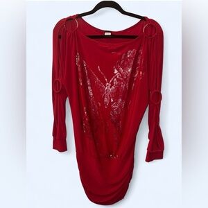 Y2K Red Metallic Butterfly 🦋 Tunic Top Cutout Sleeve Ring Detail - L